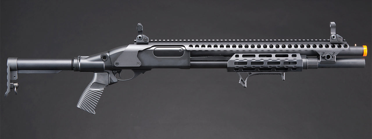 Golden Eagle M8875 3/6-Shot Pump Action CO2 Airsoft Shotgun w/ Flip Up Sights, M-LOK, Picatinny Rail & M4 Buffer Stock - (Black)