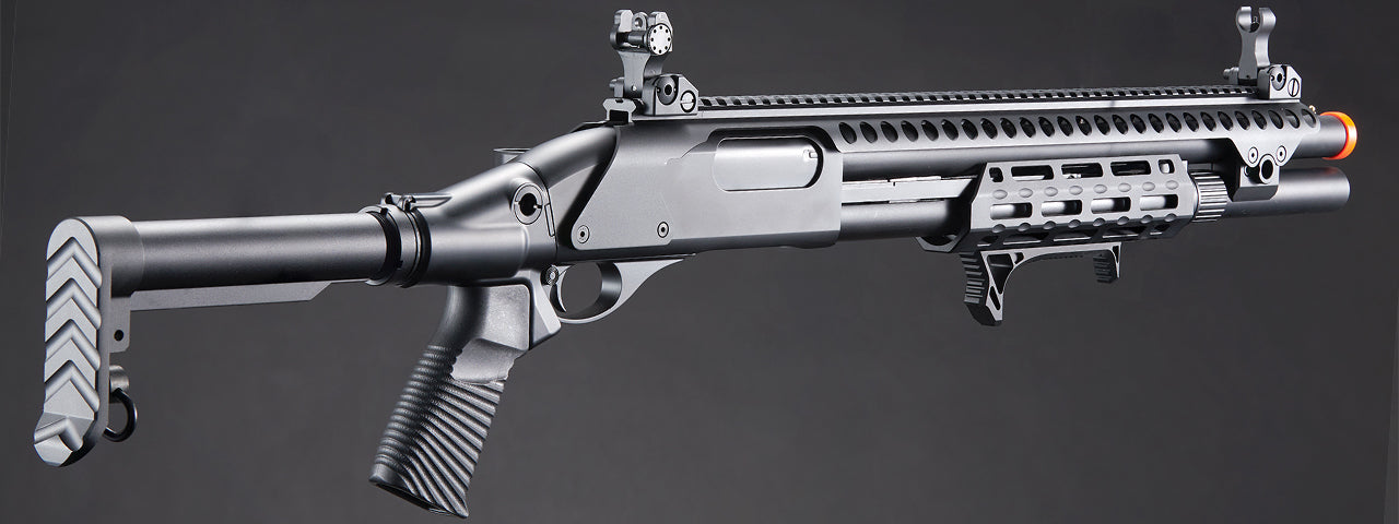 Golden Eagle M8875 3/6-Shot Pump Action CO2 Airsoft Shotgun w/ Flip Up Sights, M-LOK, Picatinny Rail & M4 Buffer Stock - (Black)