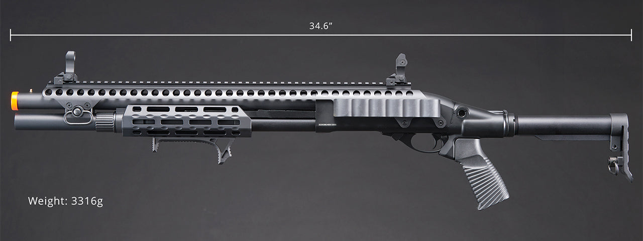 Golden Eagle M8875 3/6-Shot Pump Action CO2 Airsoft Shotgun w/ Flip Up Sights, M-LOK, Picatinny Rail & M4 Buffer Stock - (Black)