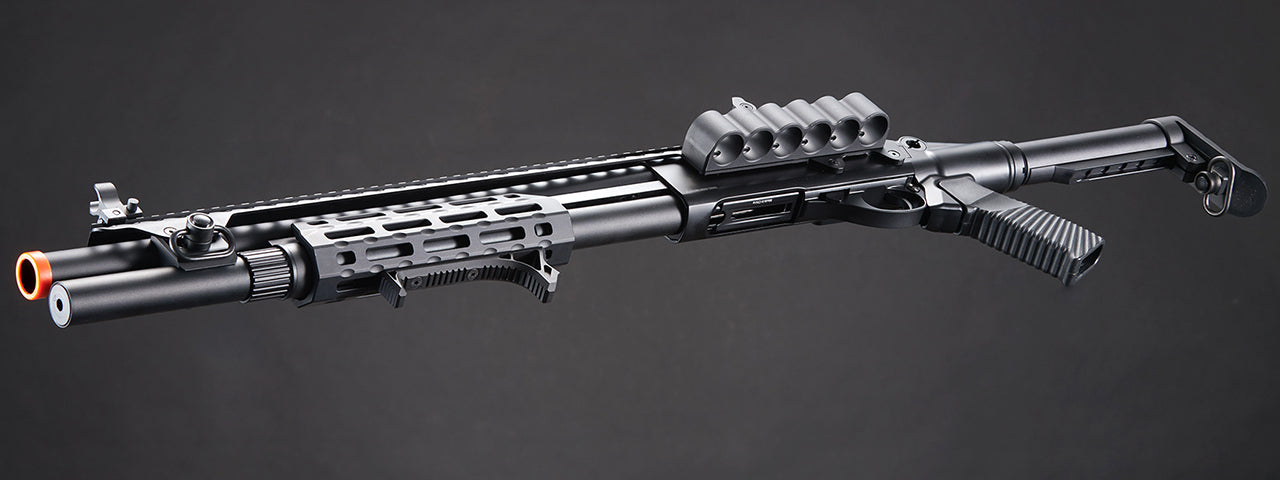 Golden Eagle M8875 3/6-Shot Pump Action CO2 Airsoft Shotgun w/ Flip Up Sights, M-LOK, Picatinny Rail & M4 Buffer Stock - (Black)