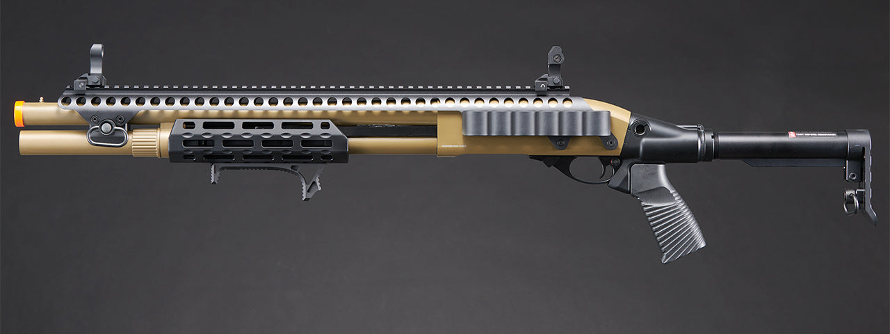 Golden Eagle M8875 3/6-Shot Pump Action CO2 Airsoft Shotgun w/ Flip Up Sights, M-LOK, Picatinny Rail & M4 Buffer Stock - (Tan)