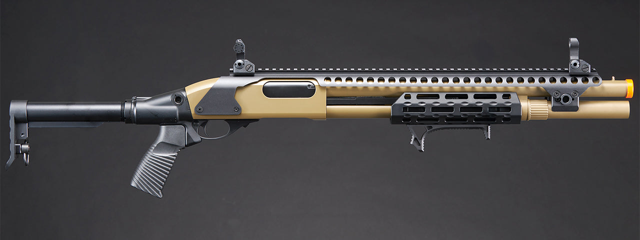 Golden Eagle M8875 3/6-Shot Pump Action CO2 Airsoft Shotgun w/ Flip Up Sights, M-LOK, Picatinny Rail & M4 Buffer Stock - (Tan)