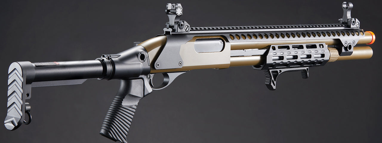 Golden Eagle M8875 3/6-Shot Pump Action CO2 Airsoft Shotgun w/ Flip Up Sights, M-LOK, Picatinny Rail & M4 Buffer Stock - (Tan)