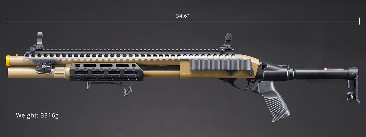 Golden Eagle M8875 3/6-Shot Pump Action CO2 Airsoft Shotgun w/ Flip Up Sights, M-LOK, Picatinny Rail & M4 Buffer Stock - (Tan)