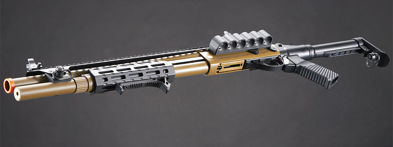 Golden Eagle M8875 3/6-Shot Pump Action CO2 Airsoft Shotgun w/ Flip Up Sights, M-LOK, Picatinny Rail & M4 Buffer Stock - (Tan)