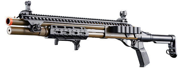 Golden Eagle M8875 3/6-Shot Pump Action CO2 Airsoft Shotgun w/ Flip Up Sights, M-LOK, Picatinny Rail & M4 Buffer Stock - (Tan)