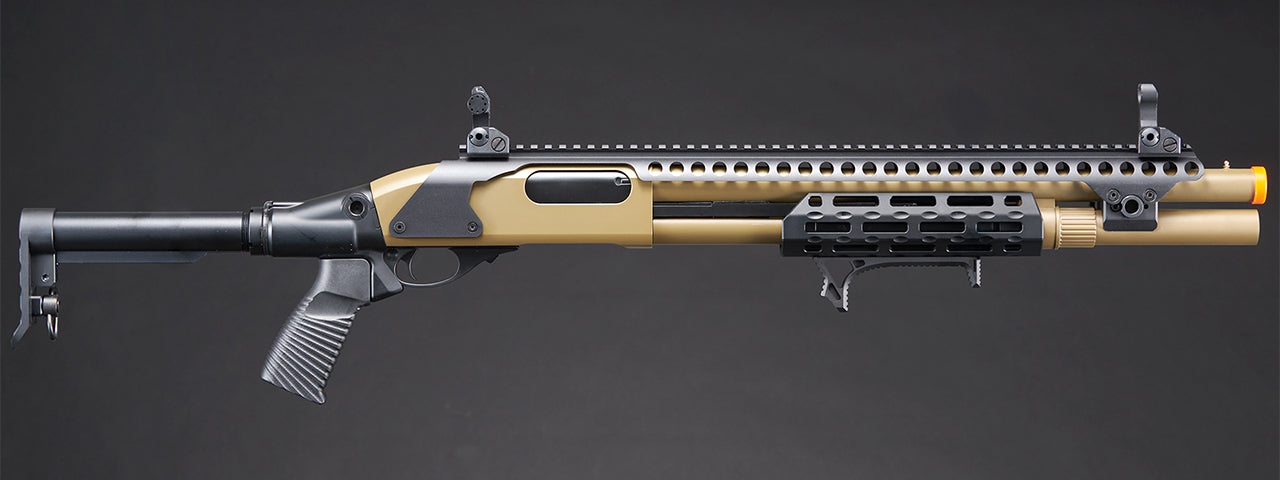 Golden Eagle M8875 3/6-Shot Pump Action Gas Airsoft Shotgun w/ Flip Up Sights, M-LOK, Picatinny Rail & M4 Buffer Stock - (Tan)