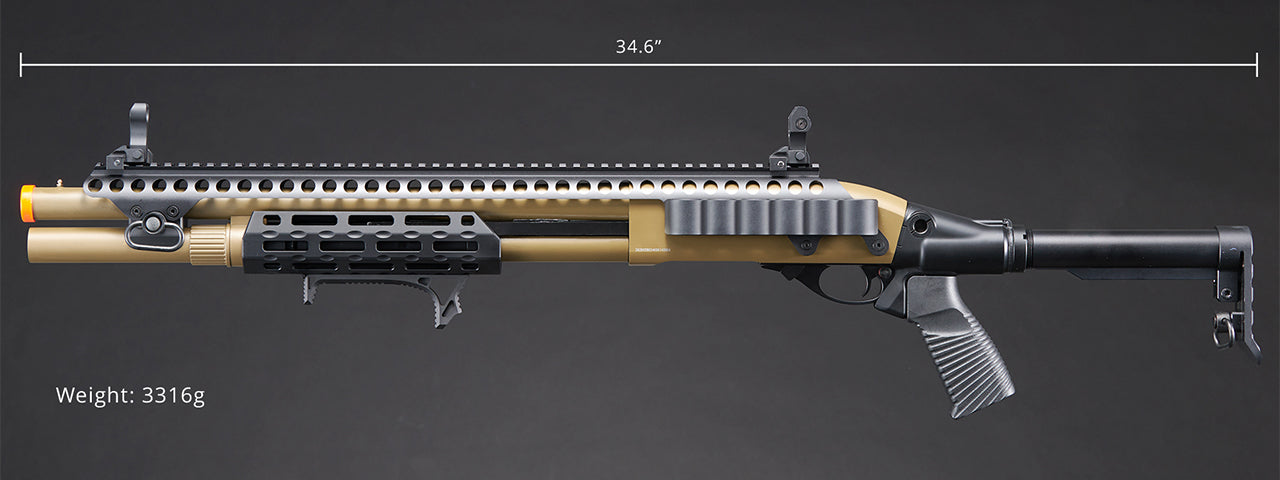 Golden Eagle M8875 3/6-Shot Pump Action Gas Airsoft Shotgun w/ Flip Up Sights, M-LOK, Picatinny Rail & M4 Buffer Stock - (Tan)