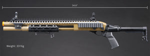 Golden Eagle M8875 3/6-Shot Pump Action Gas Airsoft Shotgun w/ Flip Up Sights, M-LOK, Picatinny Rail & M4 Buffer Stock - (Tan)
