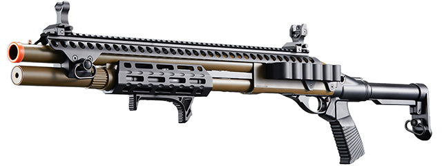 Golden Eagle M8875 3/6-Shot Pump Action Gas Airsoft Shotgun w/ Flip Up Sights, M-LOK, Picatinny Rail & M4 Buffer Stock - (Tan)