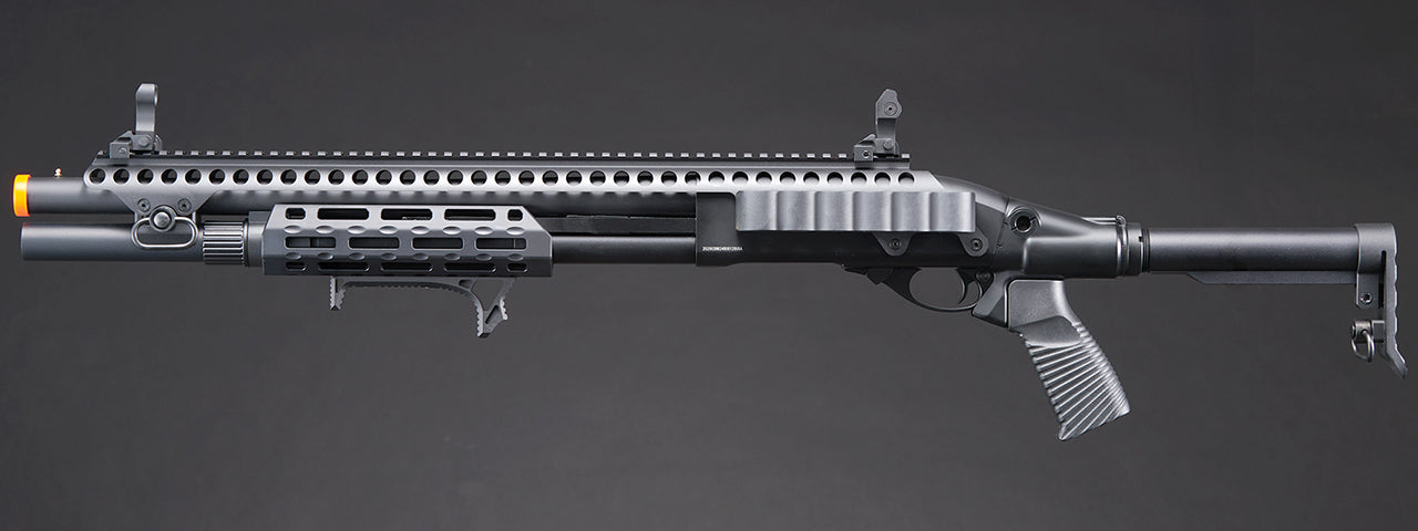 Golden Eagle M8875 3/6-Shot Pump Action Gas Airsoft Shotgun w/ Flip Up Sights, M-LOK, Picatinny Rail & M4 Buffer Stock - (Black)