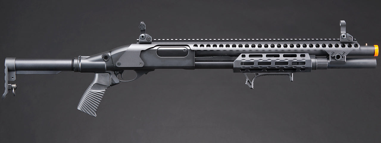 Golden Eagle M8875 3/6-Shot Pump Action Gas Airsoft Shotgun w/ Flip Up Sights, M-LOK, Picatinny Rail & M4 Buffer Stock - (Black)