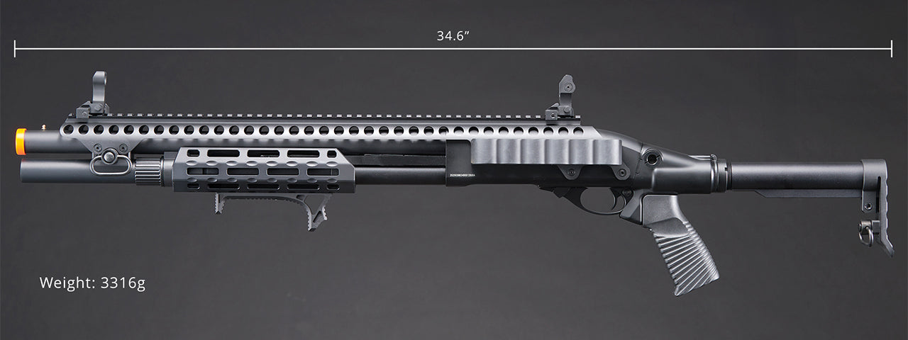 Golden Eagle M8875 3/6-Shot Pump Action Gas Airsoft Shotgun w/ Flip Up Sights, M-LOK, Picatinny Rail & M4 Buffer Stock - (Black)