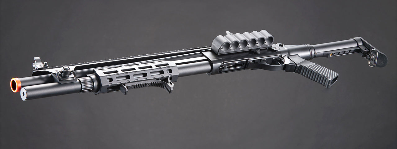 Golden Eagle M8875 3/6-Shot Pump Action Gas Airsoft Shotgun w/ Flip Up Sights, M-LOK, Picatinny Rail & M4 Buffer Stock - (Black)