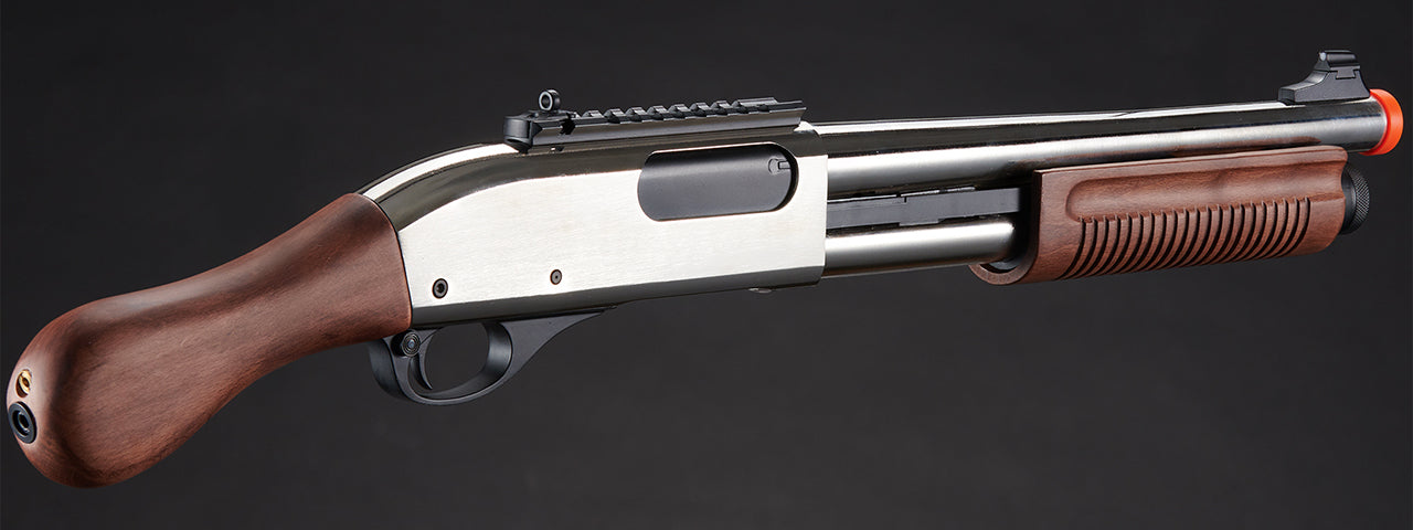 Golden Eagle M8877 3/6-Shot Pump Action Gas Airsoft Sawed-Off Shotgun - (Silver/Wood)