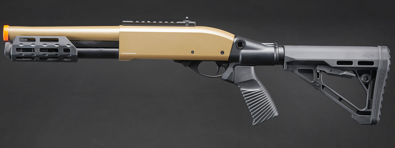 Golden Eagle M8878 3/6-Shot Pump Action Gas Airsoft Sawed-Off Shotgun w/ M-LOK Forend & Delta Stock - (Tan)