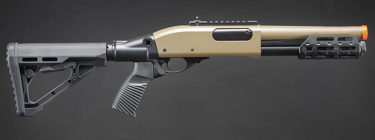 Golden Eagle M8878 3/6-Shot Pump Action Gas Airsoft Sawed-Off Shotgun w/ M-LOK Forend & Delta Stock - (Tan)