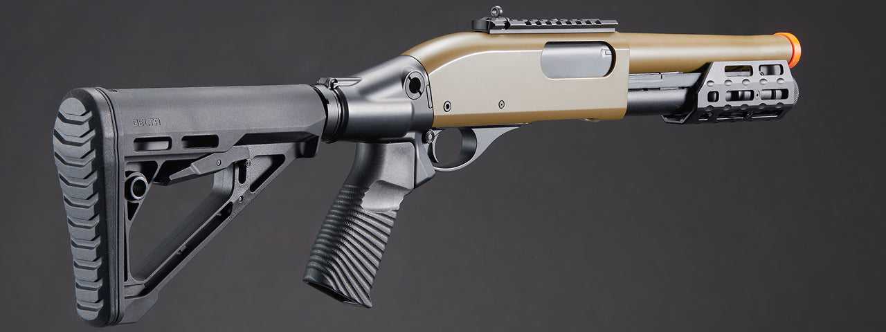 Golden Eagle M8878 3/6-Shot Pump Action Gas Airsoft Sawed-Off Shotgun w/ M-LOK Forend & Delta Stock - (Tan)
