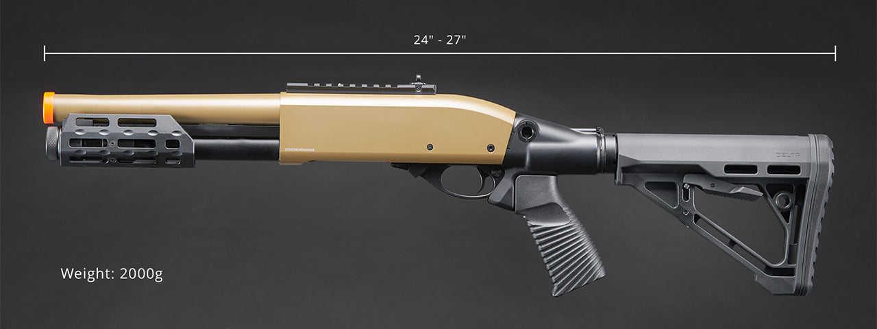 Golden Eagle M8878 3/6-Shot Pump Action Gas Airsoft Sawed-Off Shotgun w/ M-LOK Forend & Delta Stock - (Tan)