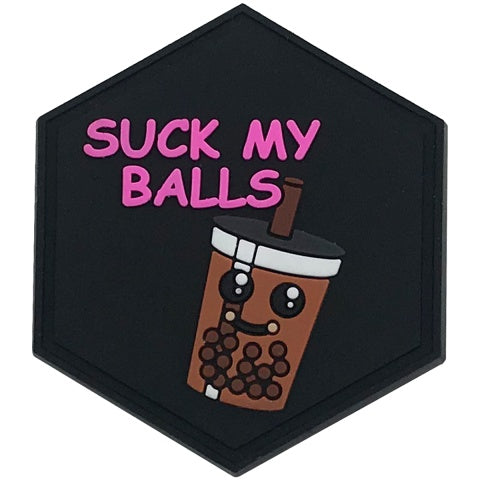 Hexagon PVC Patch Brown "Suck My Balls"
