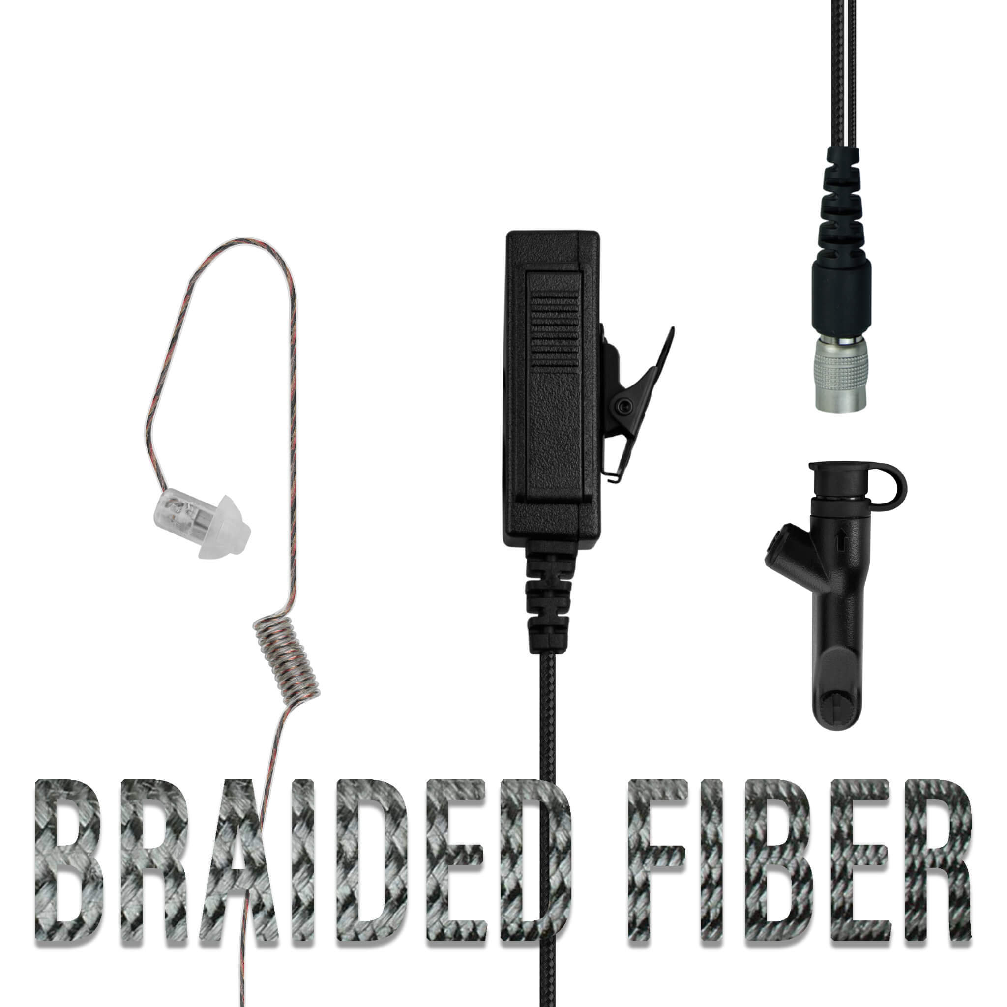 Braided Fiber Tactical Mic & Invisible Series Tubeless Earpiece Complete Kit w/ Quick Disconnect (Hirose) - Harris/Tait TP3000/7110/7100/8000/9000 Series