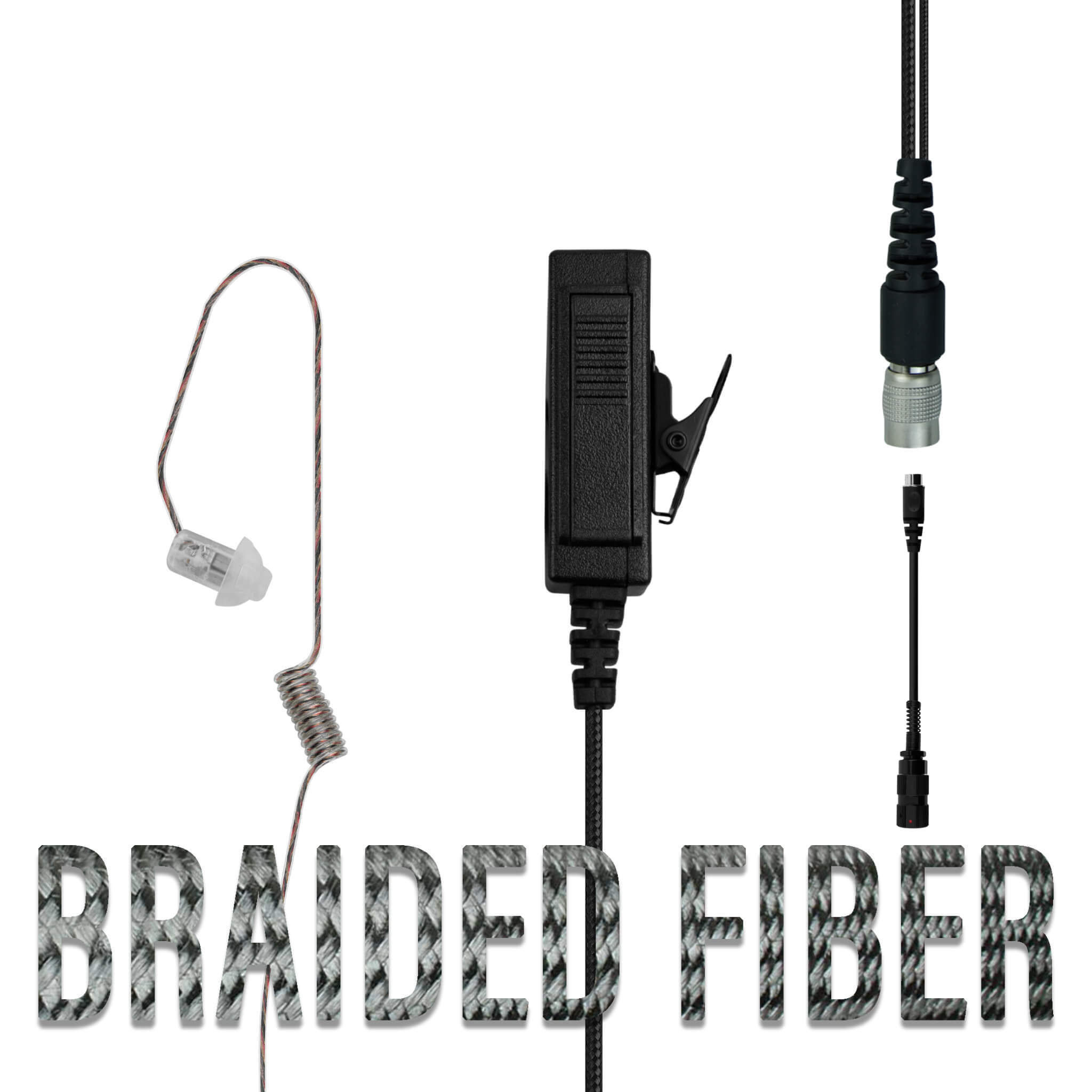 Braided Fiber Tactical Mic & Invisible Series Tubeless Earpiece Complete Kit w/ Quick Disconnect (Hirose) - Harris, Thales, Tri, PRC, Falcon Series, MBITR Series, (6 Pin NATO U229/U329 Connector)