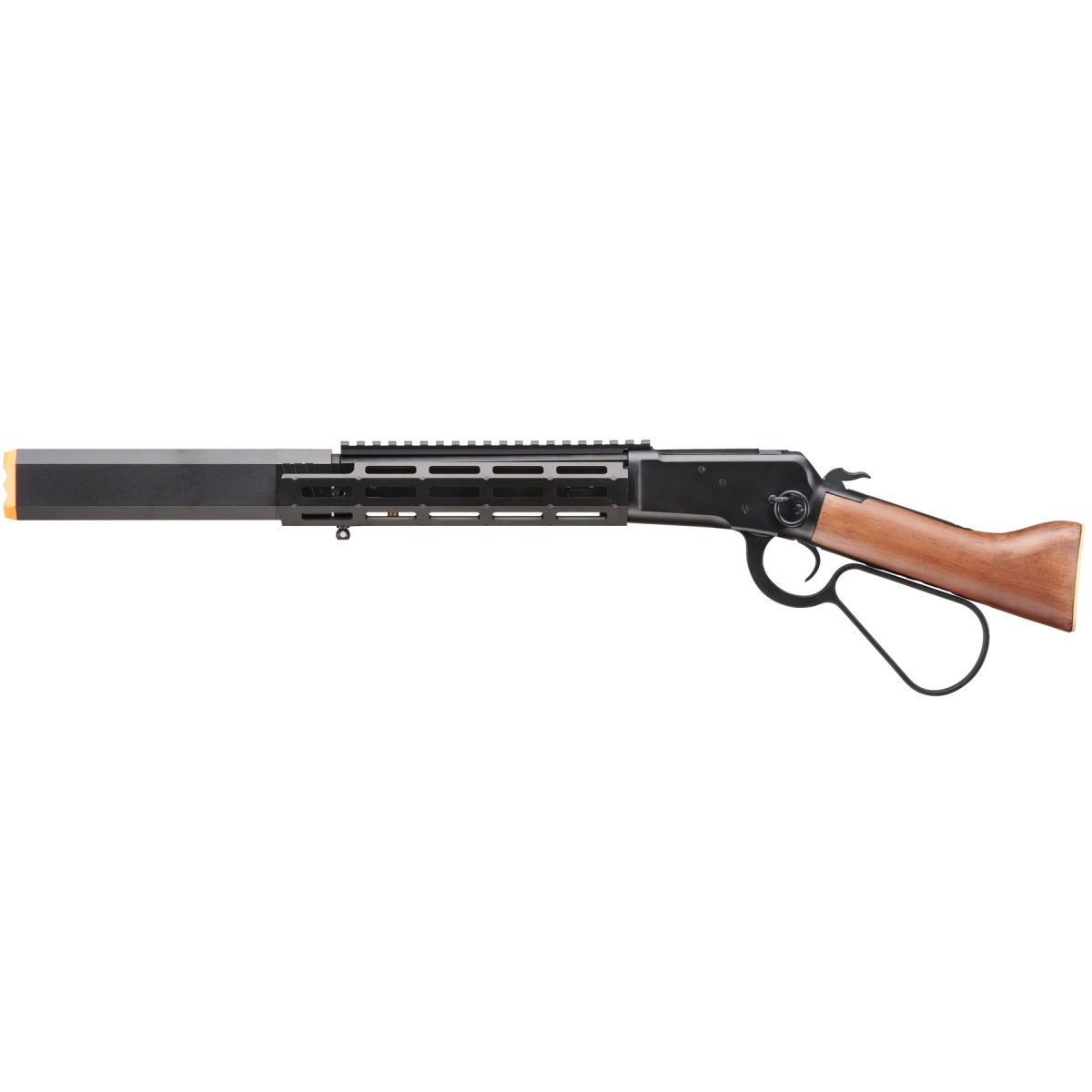 Atlas Custom Works M1873 "Mares Leg" Lever Action Airsoft Green Gas Rifle w/ M-LOK Rail and Suppressor (Color: Black)
