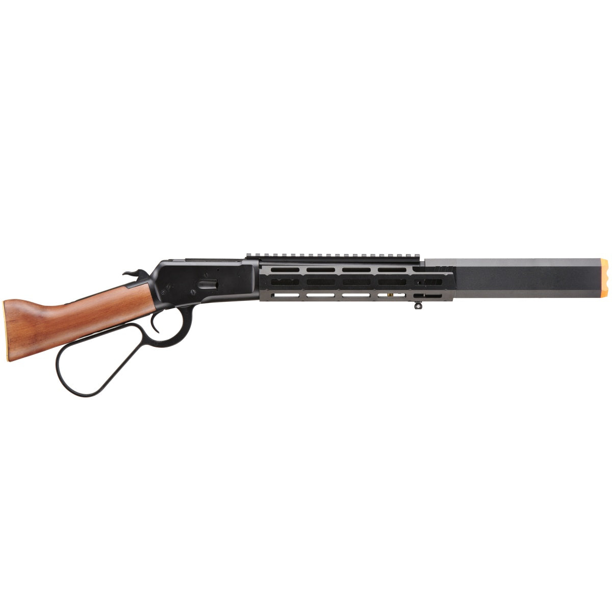 Atlas Custom Works M1873 "Mares Leg" Lever Action Airsoft Green Gas Rifle w/ M-LOK Rail and Suppressor (Color: Black)