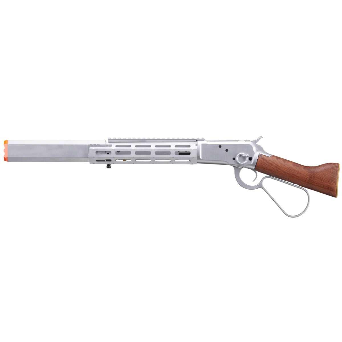 Atlas Custom Works M1873 "Mares Leg" Lever Action Airsoft Green Gas Rifle w/ M-LOK Rail and Suppressor (Color: Silver)