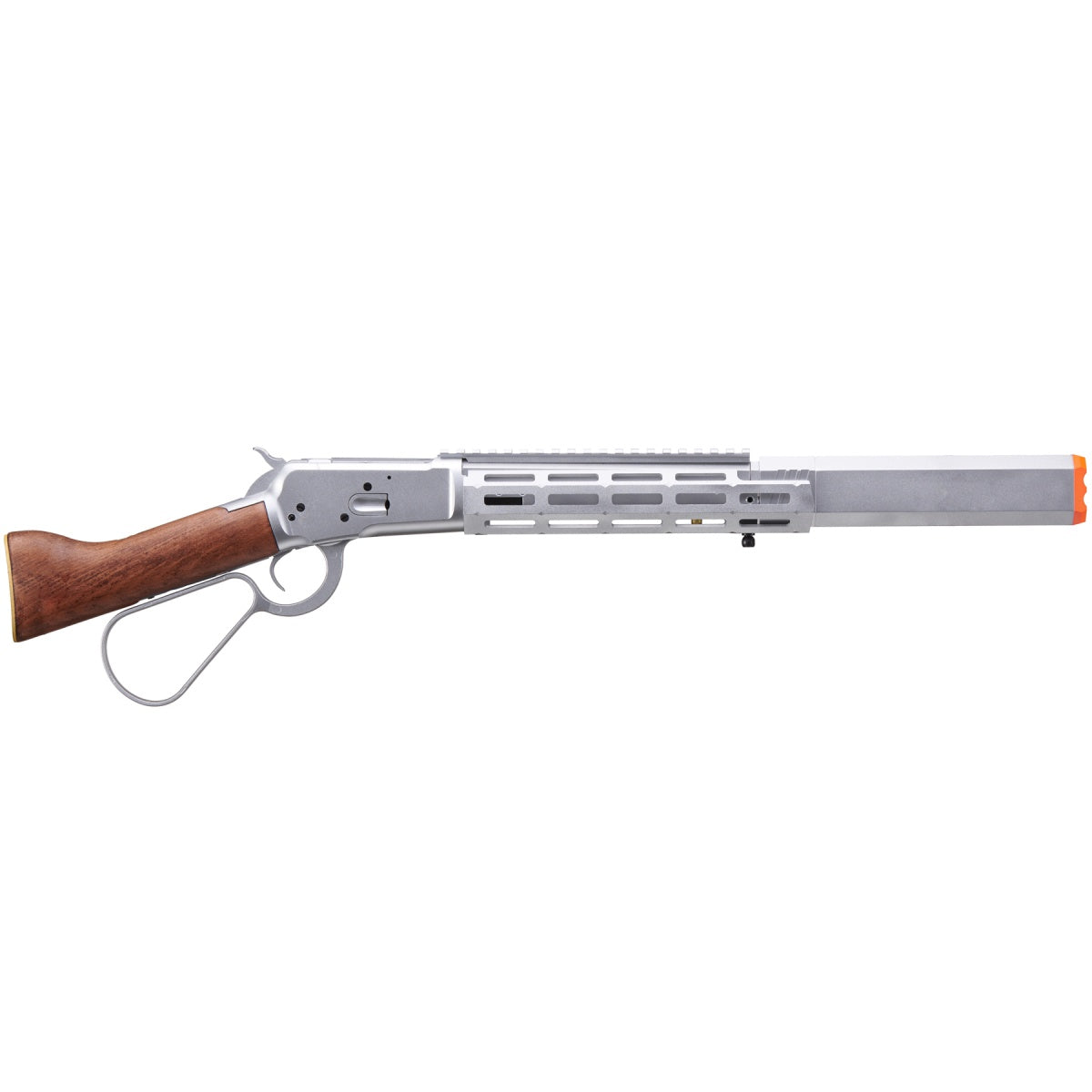 Atlas Custom Works M1873 "Mares Leg" Lever Action Airsoft Green Gas Rifle w/ M-LOK Rail and Suppressor (Color: Silver)