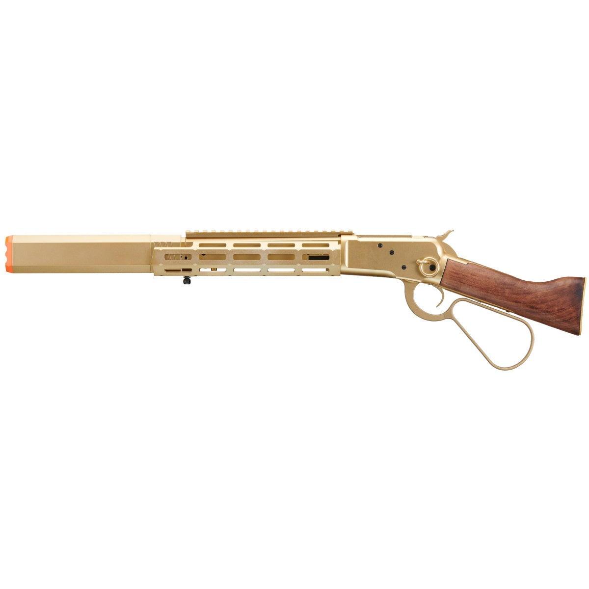 Atlas Custom Works M1873 "Mares Leg" Lever Action Airsoft Green Gas Rifle w/ M-LOK Rail and Suppressor (Color: Gold)
