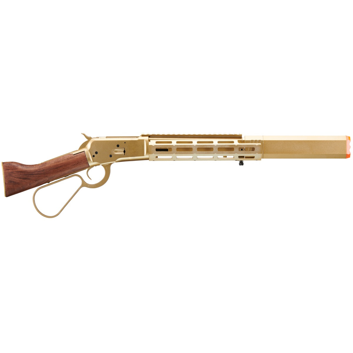 Atlas Custom Works M1873 "Mares Leg" Lever Action Airsoft Green Gas Rifle w/ M-LOK Rail and Suppressor (Color: Gold)
