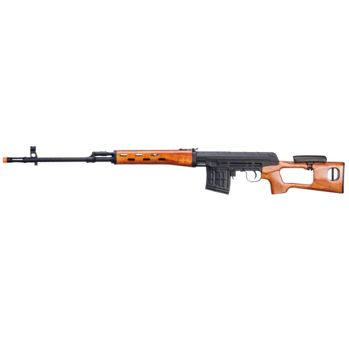 Atlas Custom Works SVD Dragunov Spring Powered Airsoft Sniper Rifle w/ Fixed Sportsman Stock (Color: Wood)