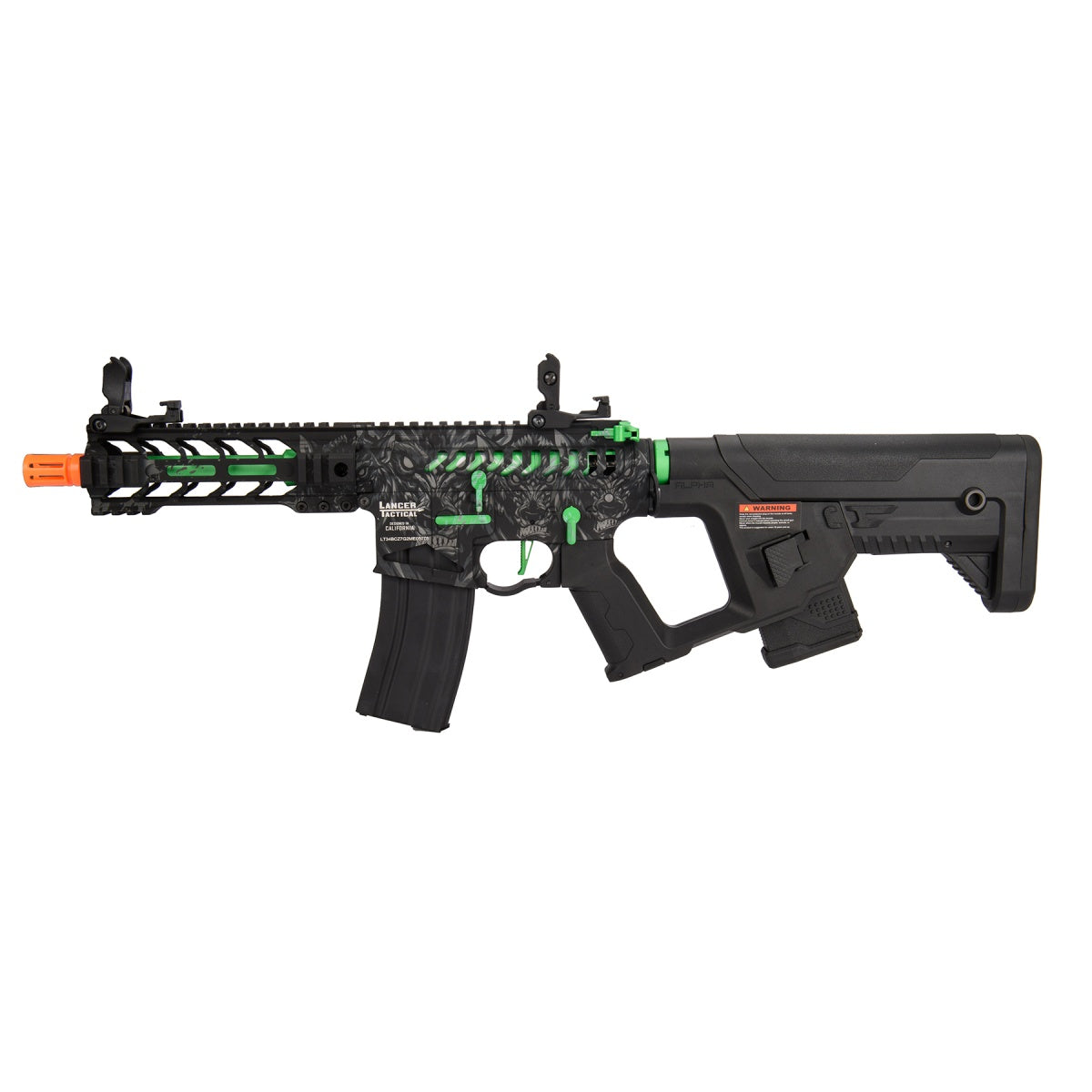 Lancer Tactical Enforcer Battle Hawk 7" Skeleton Airsoft Airsoft AEG [High FPS] w/ Alpha Stock (Black/Green w/ Wolfpack Laser Engraving)