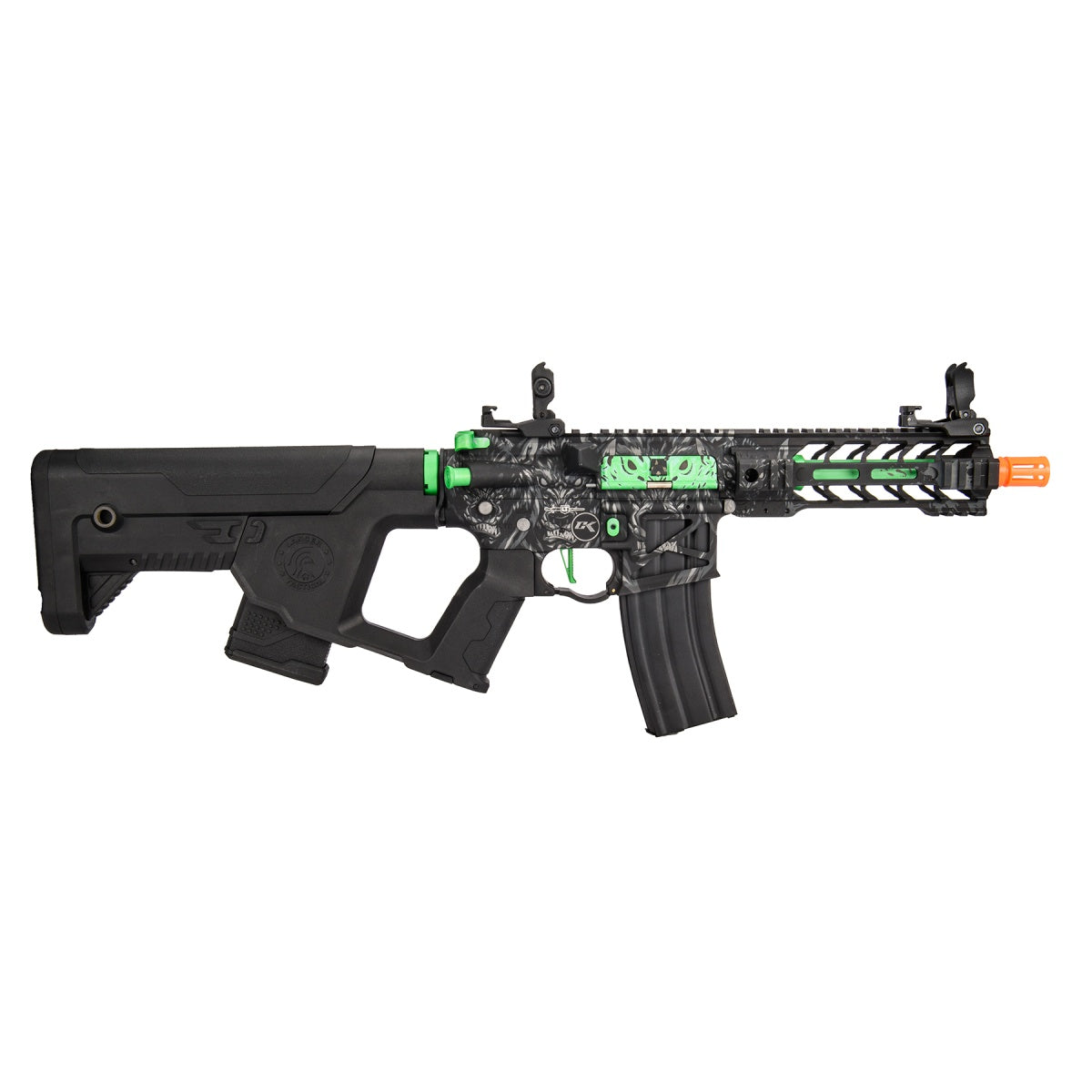 Lancer Tactical Enforcer Battle Hawk 7" Skeleton Airsoft Airsoft AEG [High FPS] w/ Alpha Stock (Black/Green w/ Wolfpack Laser Engraving)