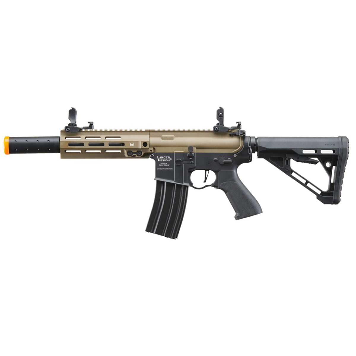Lancer Tactical Blazer 7" M-LOK Proline Series M4 Airsoft Rifle with Delta Stock (Color: FDE Upper Receiver & Black Lower)