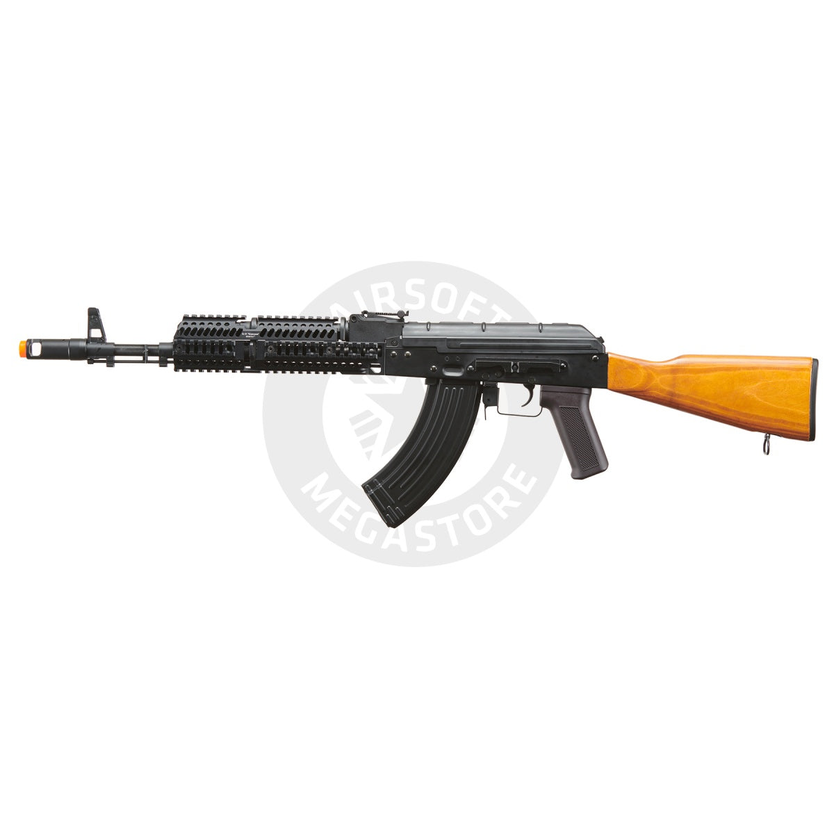 Lancer Tactical AK-Series AK-74M AEG Airsoft Rifle w/ Flash Hider ACW-228 Gas Tube Cover, ACW-229 Handguard, Wood Stock & SG-11B Mag - (Black)