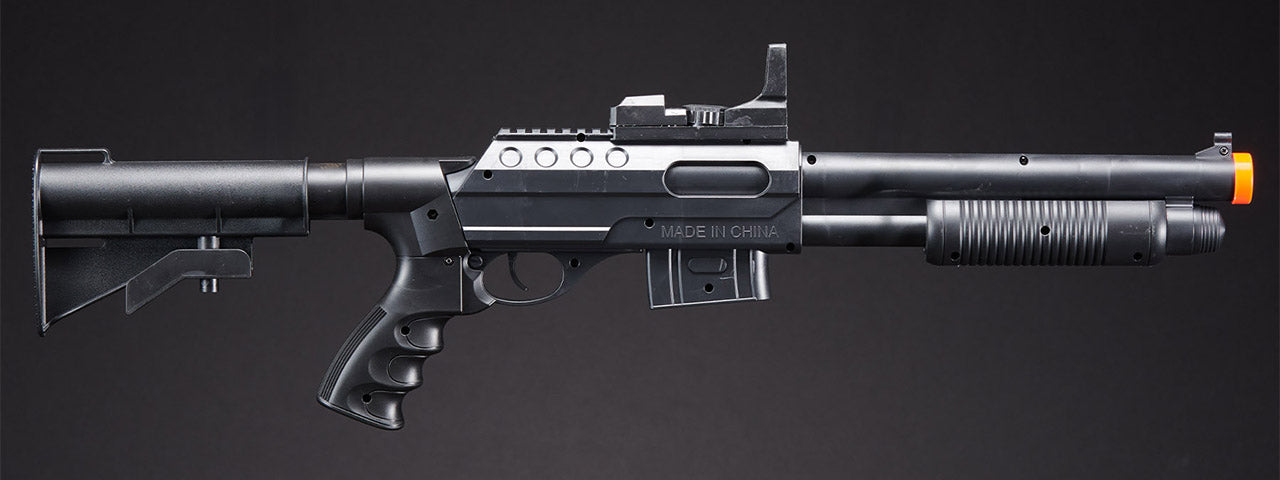 UKARMS M0581C Spring Shotgun with Pressure Switch Laser, Mock Red Dot Scope, Retractable LE Stock - (Black)