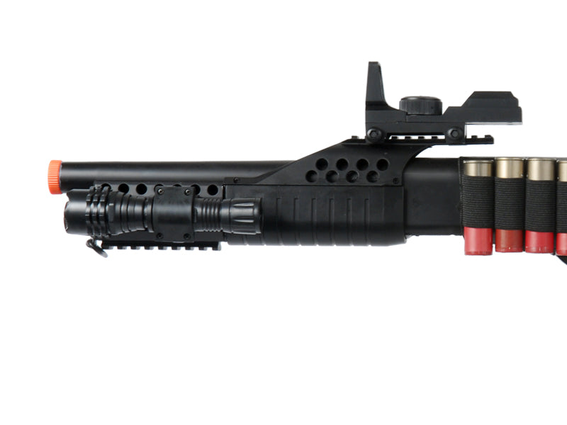 UKARMS M180C2 Spring Shotgun RIS w/ 4 Bullet Shells, Shell Holder, Flashlight, Mock Red Dot Scope, Retractable LE Stock