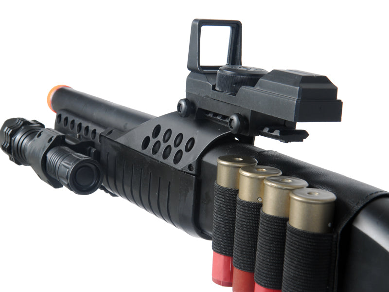 UKARMS M180C2 Spring Shotgun RIS w/ 4 Bullet Shells, Shell Holder, Flashlight, Mock Red Dot Scope, Retractable LE Stock