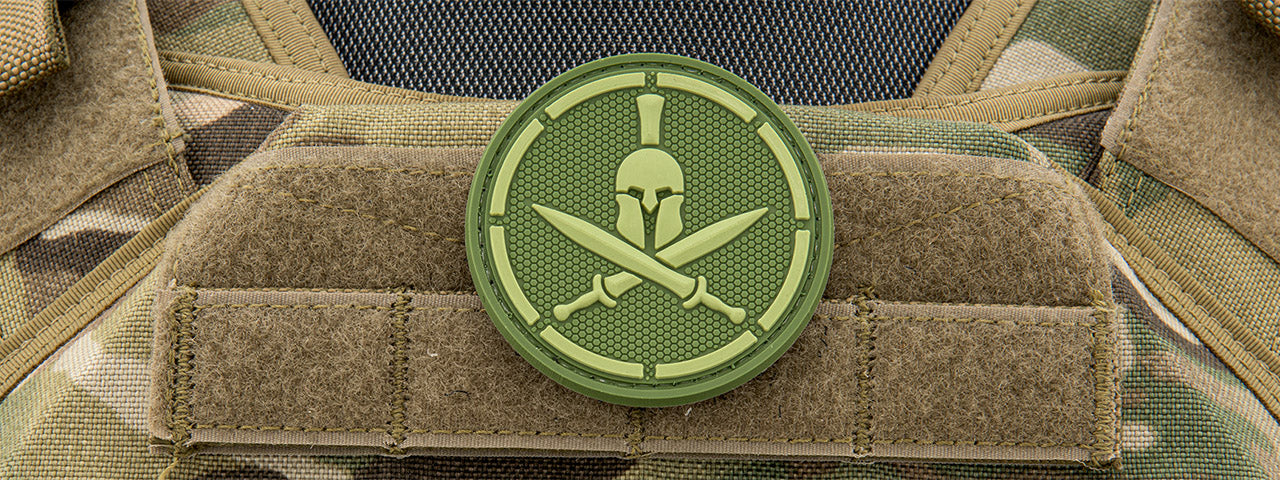 Spartan Helmet Crossed Swords PVC Patch (Color: OD Green)