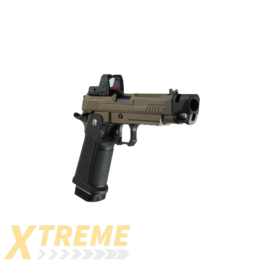 ARCTURUS Vanguard 4.3" Hi-Capa GBB Pistol w/ Optics Ready Slide & Compensator & ARS-1 Red Dot Combo BLK-TAN - XTREME Airsoft Superstore