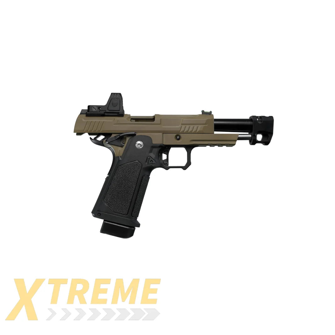 ARCTURUS Vanguard 4.3" Hi-Capa GBB Pistol w/ Optics Ready Slide & Compensator & ARS-1 Red Dot Combo BLK-TAN - XTREME Airsoft Superstore