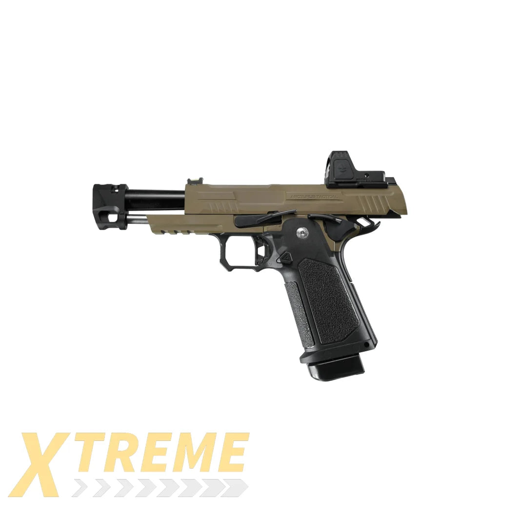 ARCTURUS Vanguard 4.3" Hi-Capa GBB Pistol w/ Optics Ready Slide & Compensator & ARS-1 Red Dot Combo BLK-TAN - XTREME Airsoft Superstore