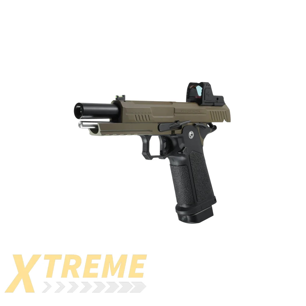 ARCTURUS Vanguard 5" Hi-Capa GBB Pistol w/Optics Ready Slide & ARS-1 Red Dot Combo BLK-TAN - XTREME Airsoft Superstore