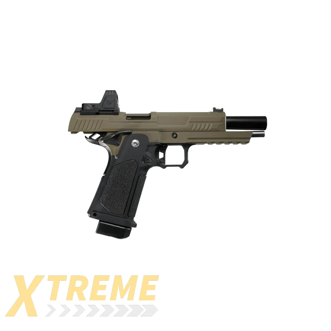 ARCTURUS Vanguard 5" Hi-Capa GBB Pistol w/Optics Ready Slide & ARS-1 Red Dot Combo BLK-TAN - XTREME Airsoft Superstore
