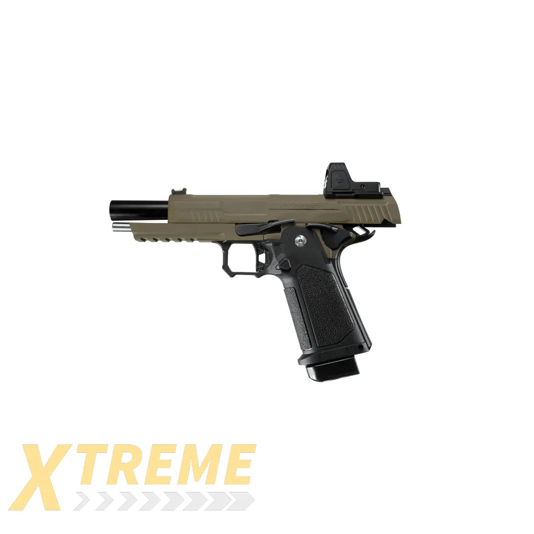 ARCTURUS Vanguard 5" Hi-Capa GBB Pistol w/Optics Ready Slide & ARS-1 Red Dot Combo BLK-TAN - XTREME Airsoft Superstore