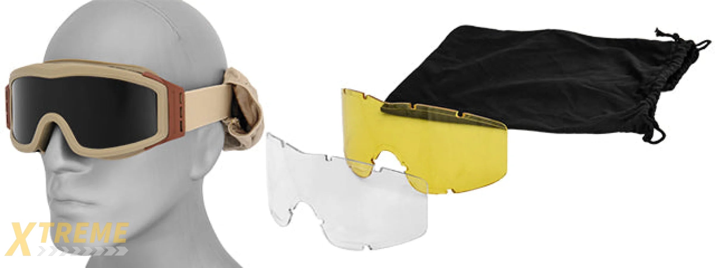 Lancer Tactical CA-203T Airsoft Safety Goggles Basic with Multi Lens Kit - Desert Tan Frame / Smoke, Clear and Yellow Lens