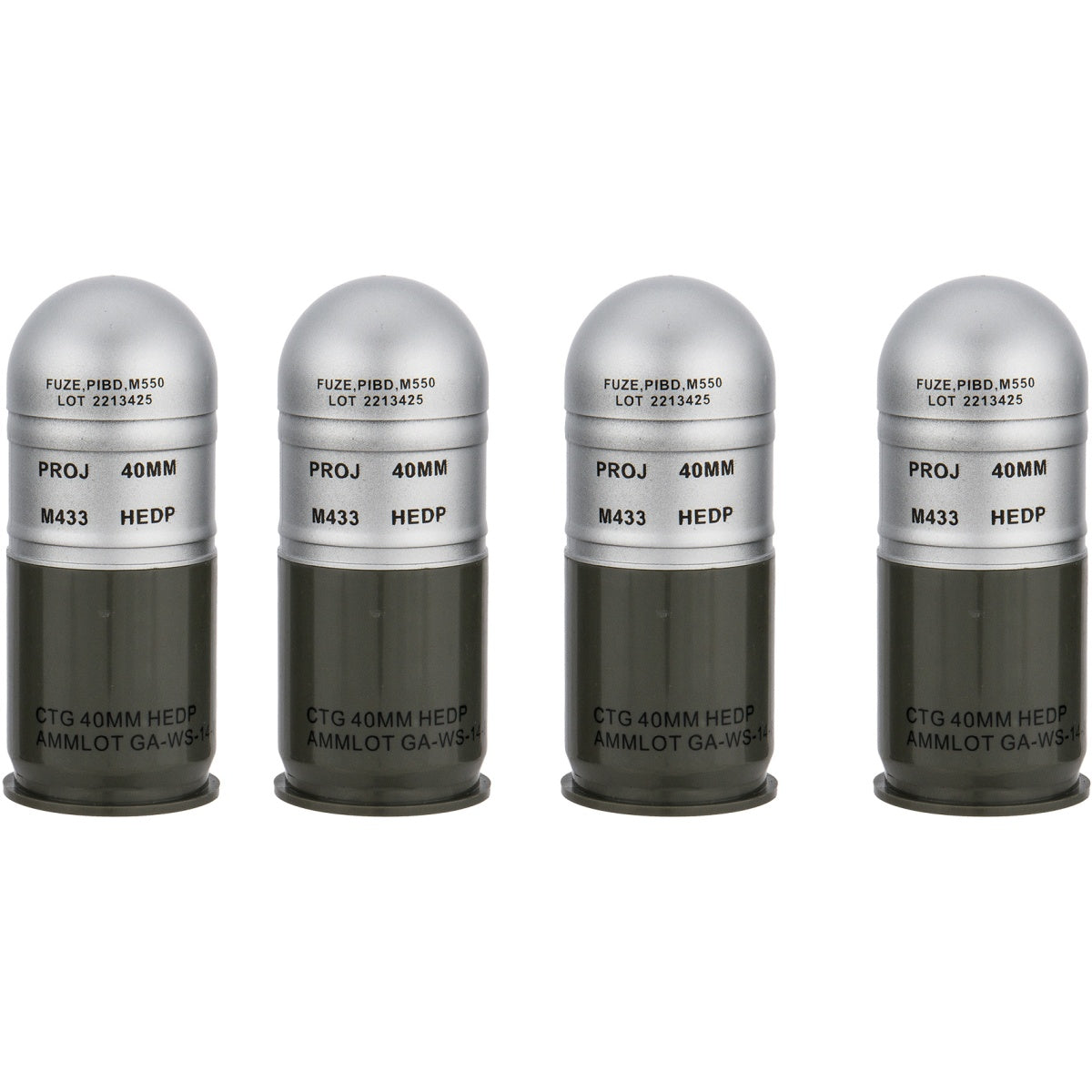 Lancer Tactical M433HE-1 Airsoft 40mm Dummy Grenade Shells - 4 Pack - SILVER