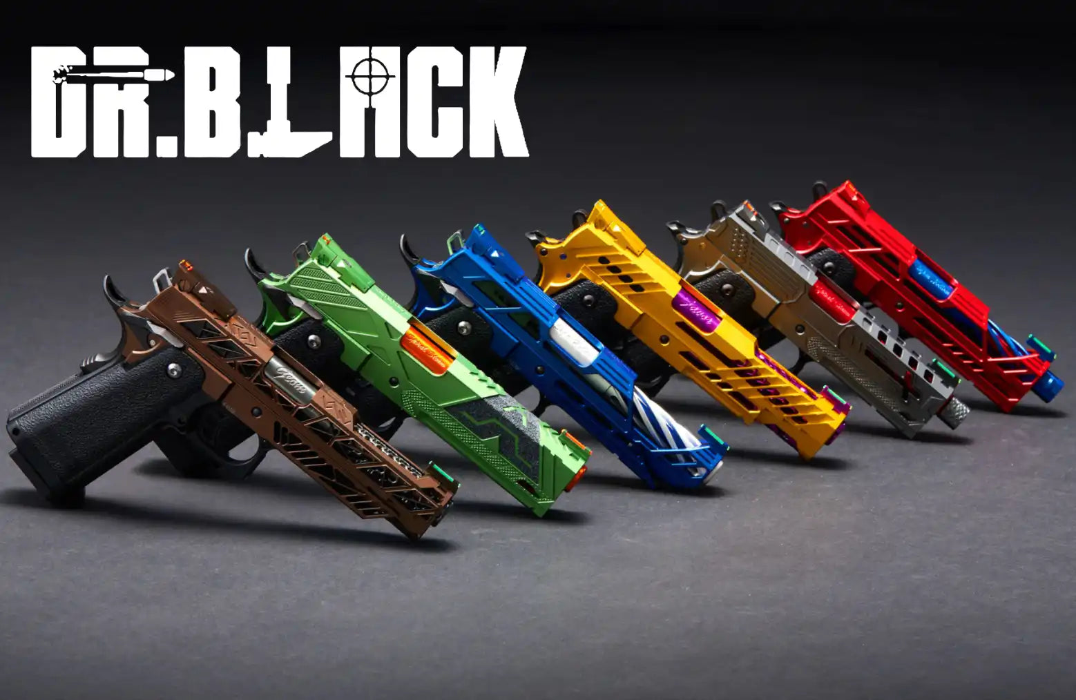 A row of six colorful, custom-designed airsoft pistols.